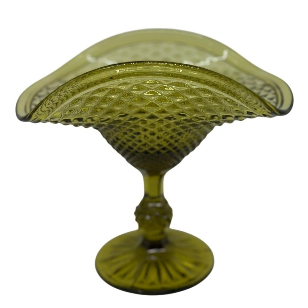 VTG Olive Green Glass Compote Dish‎ Footed Diamond Pattern Ruffled Candy Bowl